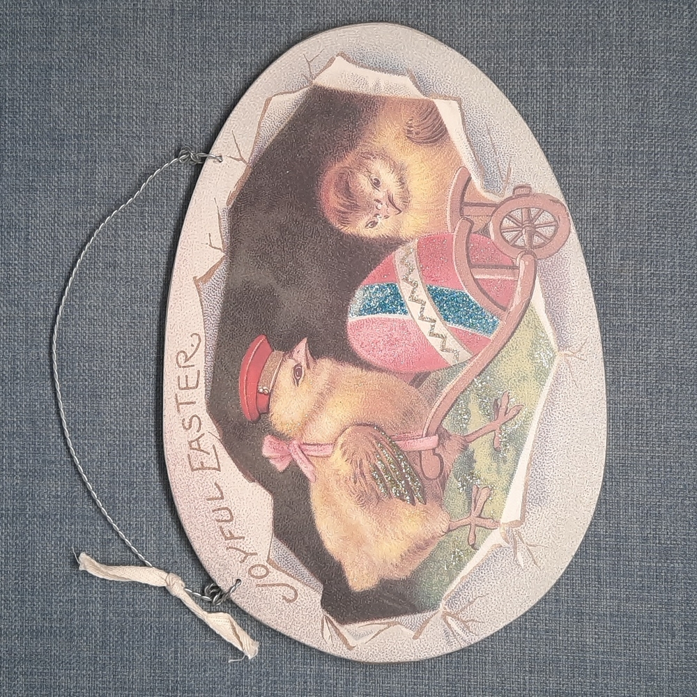 Wood Wall Hanging Art Vintage Look Joyful Easter Chicks Eggs Gitter Accent